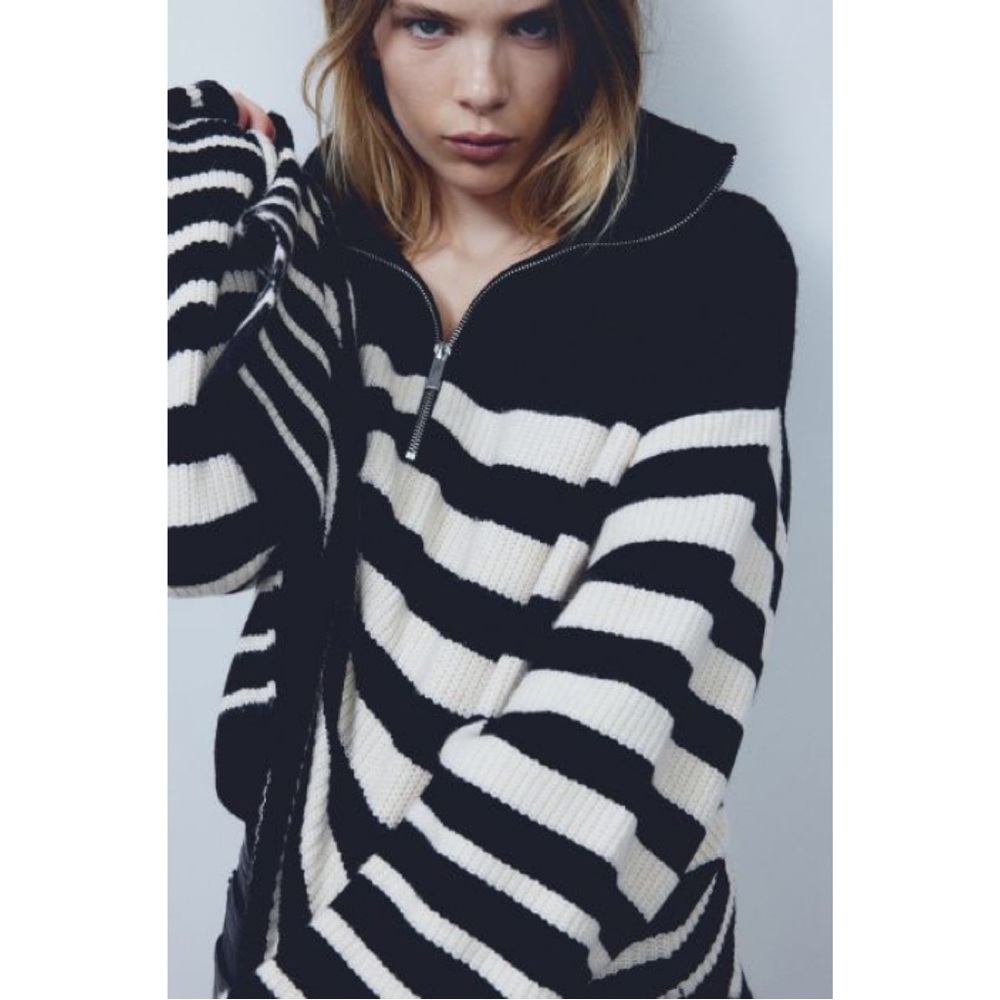 Black/Cream Striped Rib Knit Half Zip Sweater - Picture 6 of 9